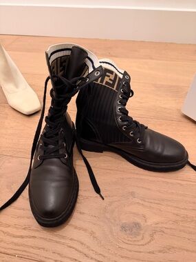 Black Lace-Up Combat Boots with Knit Collar